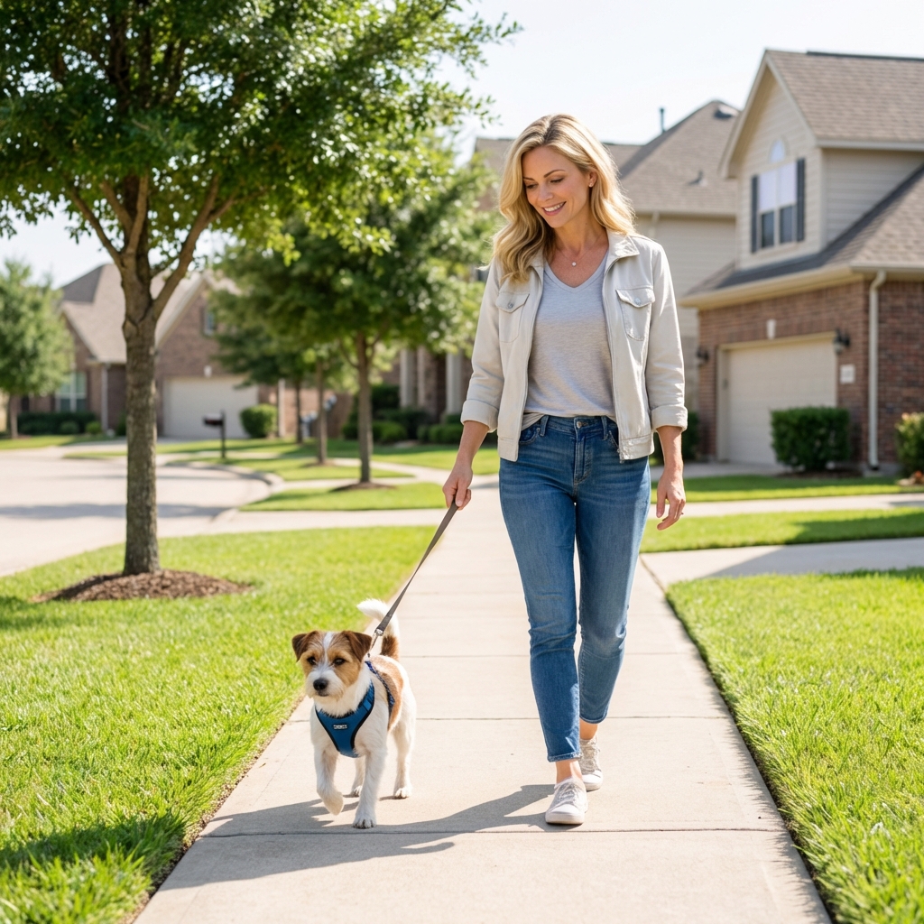 A small dog wearing a harness on a leash during a calm walk on a neighborhood sidewalk