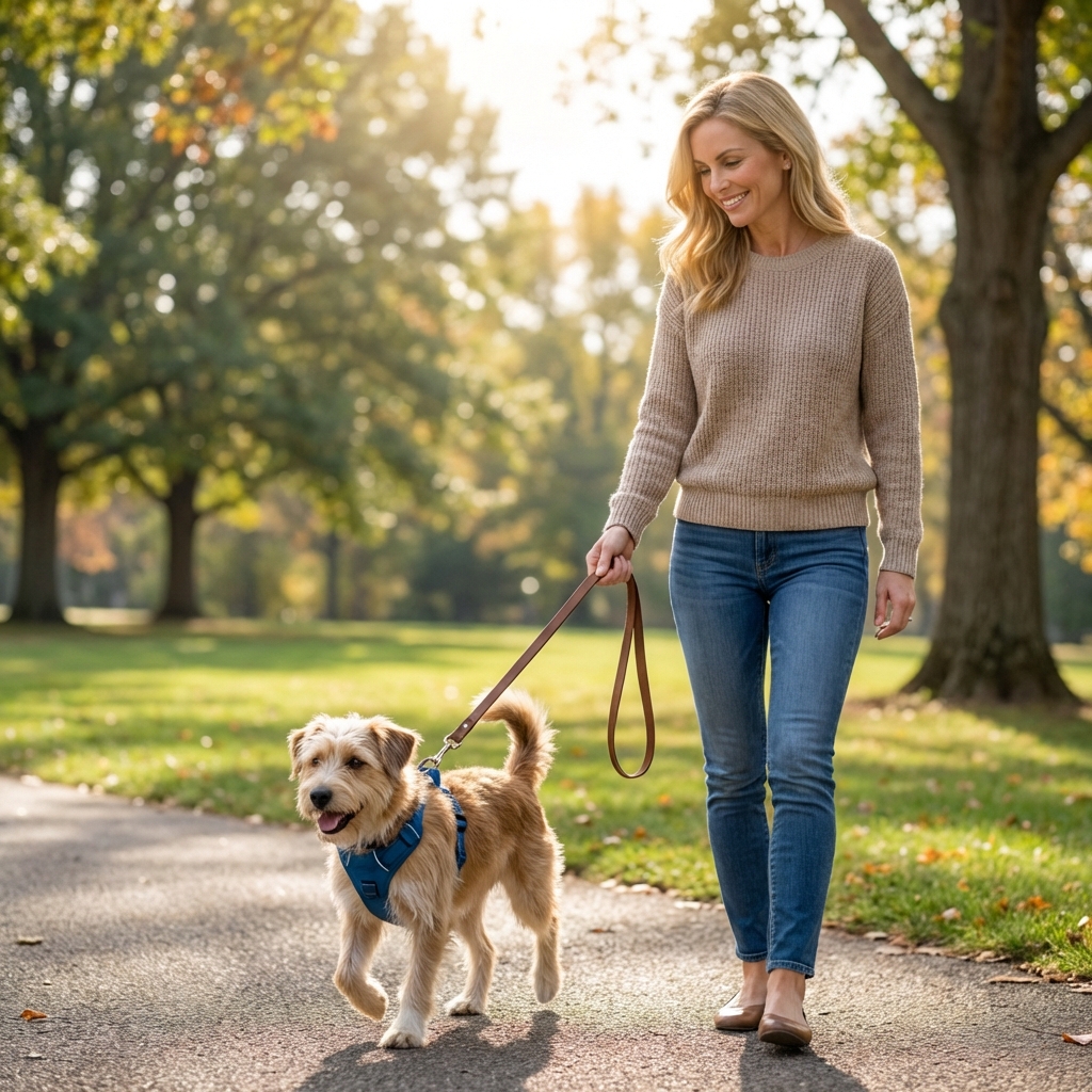 A small dog wearing a harness on a leash outdoors