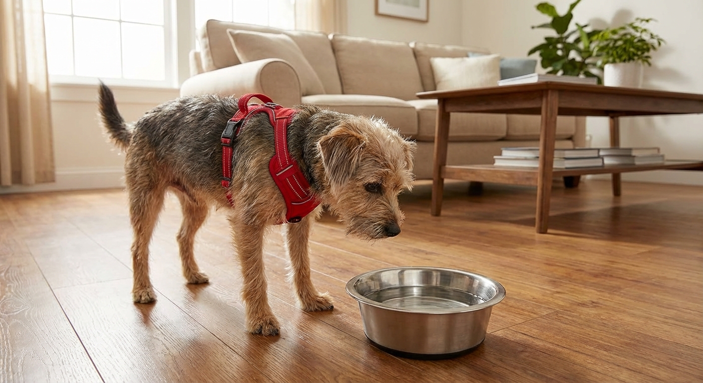 A small dog wearing a harness standing near a water bowl in a living room