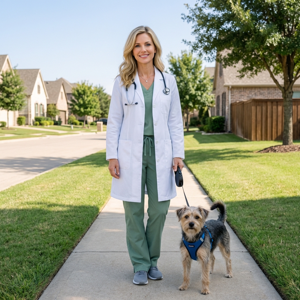 A small dog wearing a harness standing next to its owner holding a leash on a neighborhood sidewalk