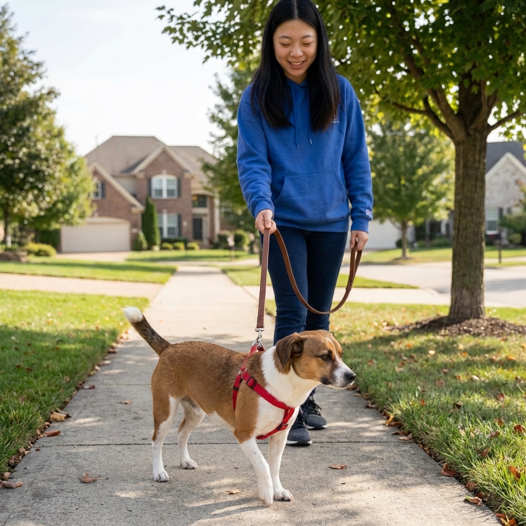 A small dog wearing a harness walking calmly on a leash along a quiet sidewalk