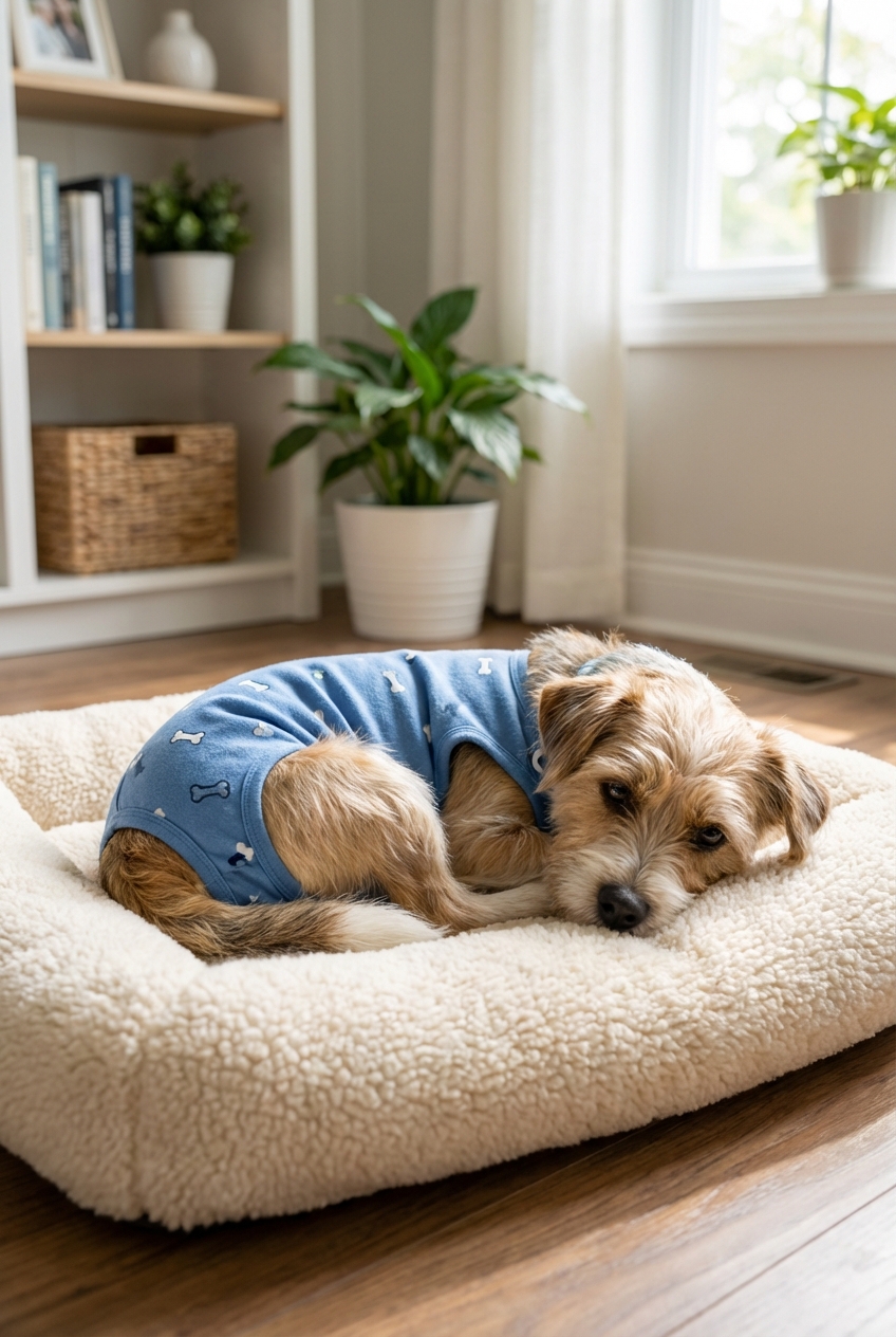 A small dog wearing a recovery suit resting on a dog bed indoors
