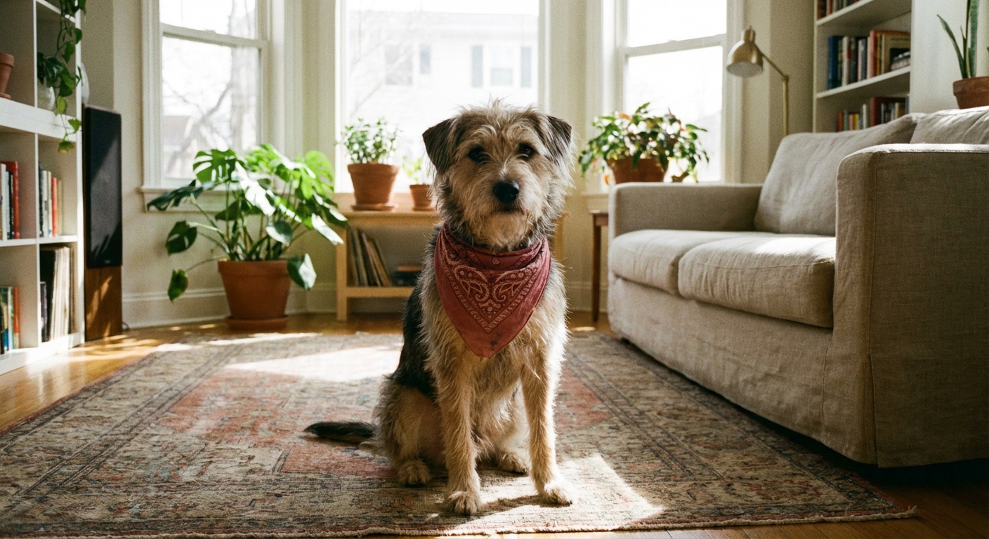A small dog wearing a simple bandana sitting calmly in a bright living room
