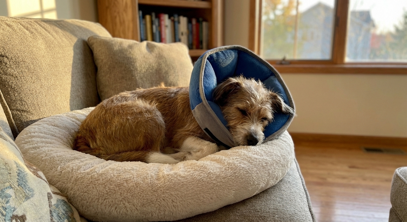 A small dog wearing a soft recovery collar resting comfortably on a couch