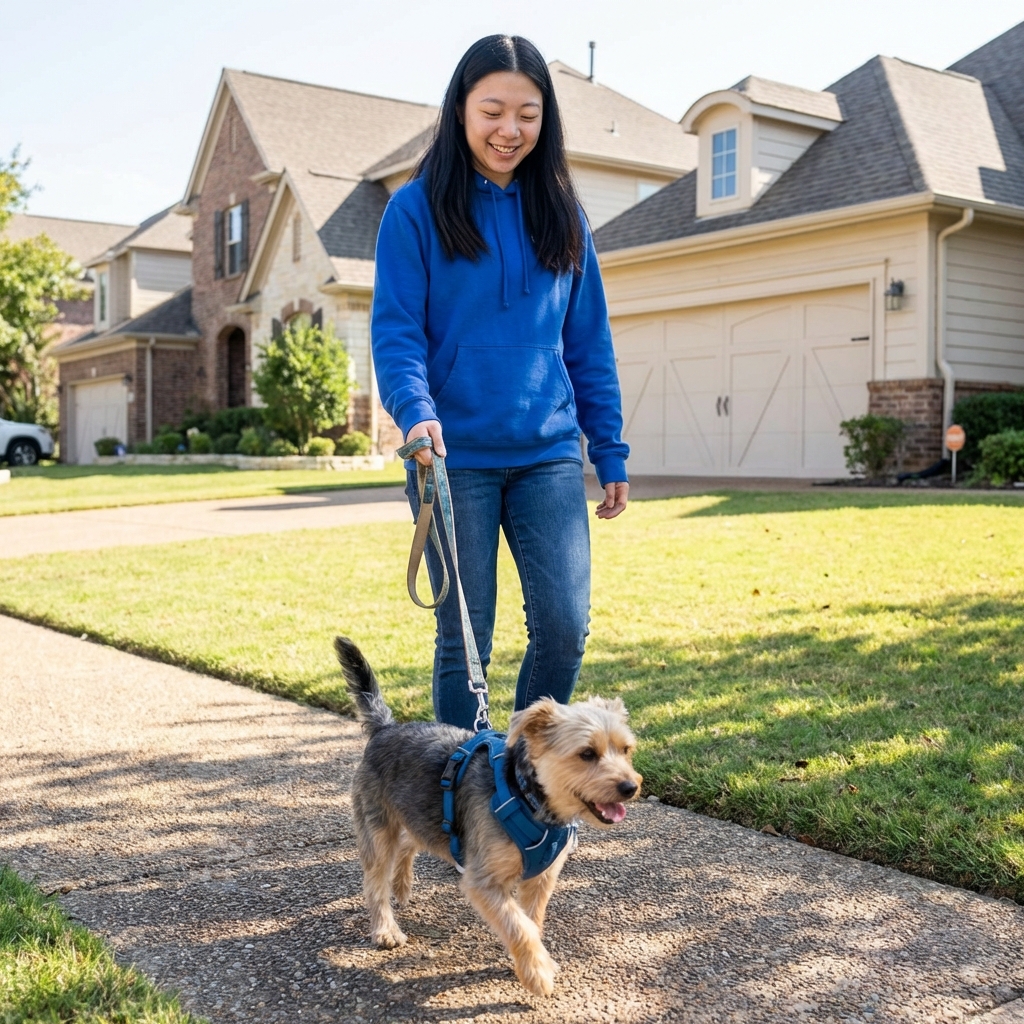 A small dog wearing a well-fitted harness on a leash during a neighborhood walk