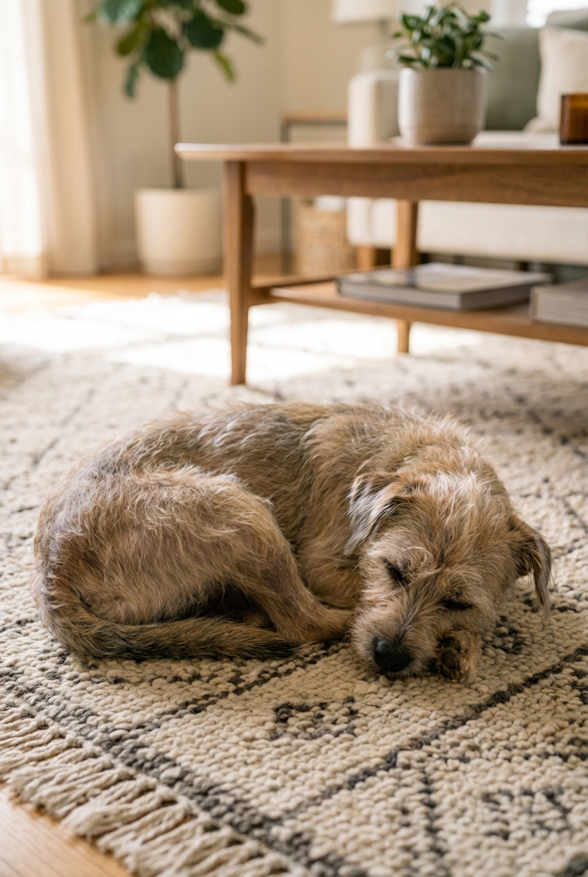 A small dog with a thinning coat resting comfortably on a living room rug