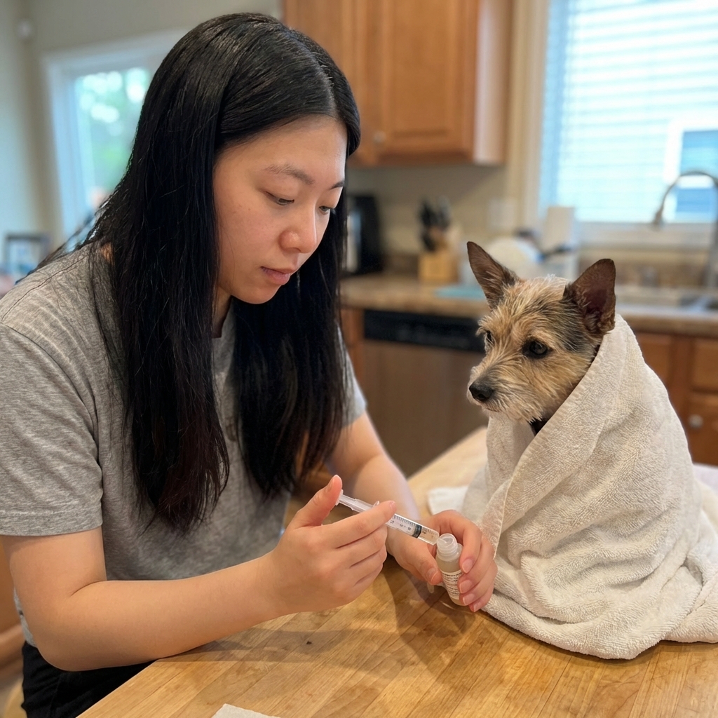 A small dog wrapped in a towel with only the head visible while a person prepares an oral syringe