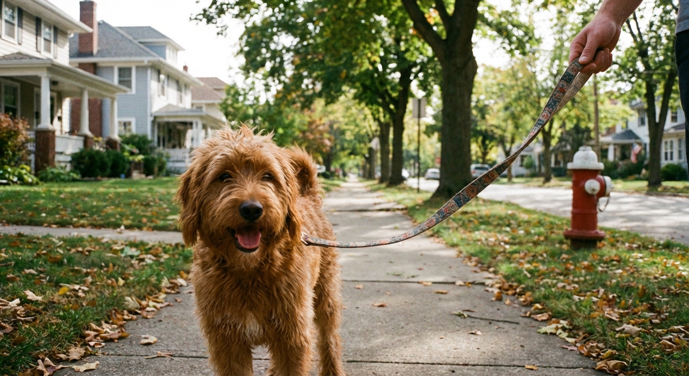 A small doodle-mix dog walking on a leash on a suburban sidewalk