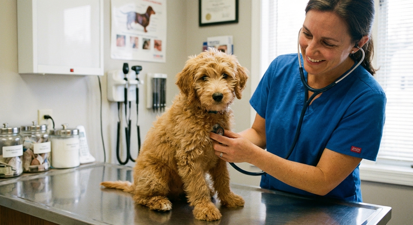 A small doodle-mix puppy sitting on an exam table while a veterinarian listens with a stethoscope
