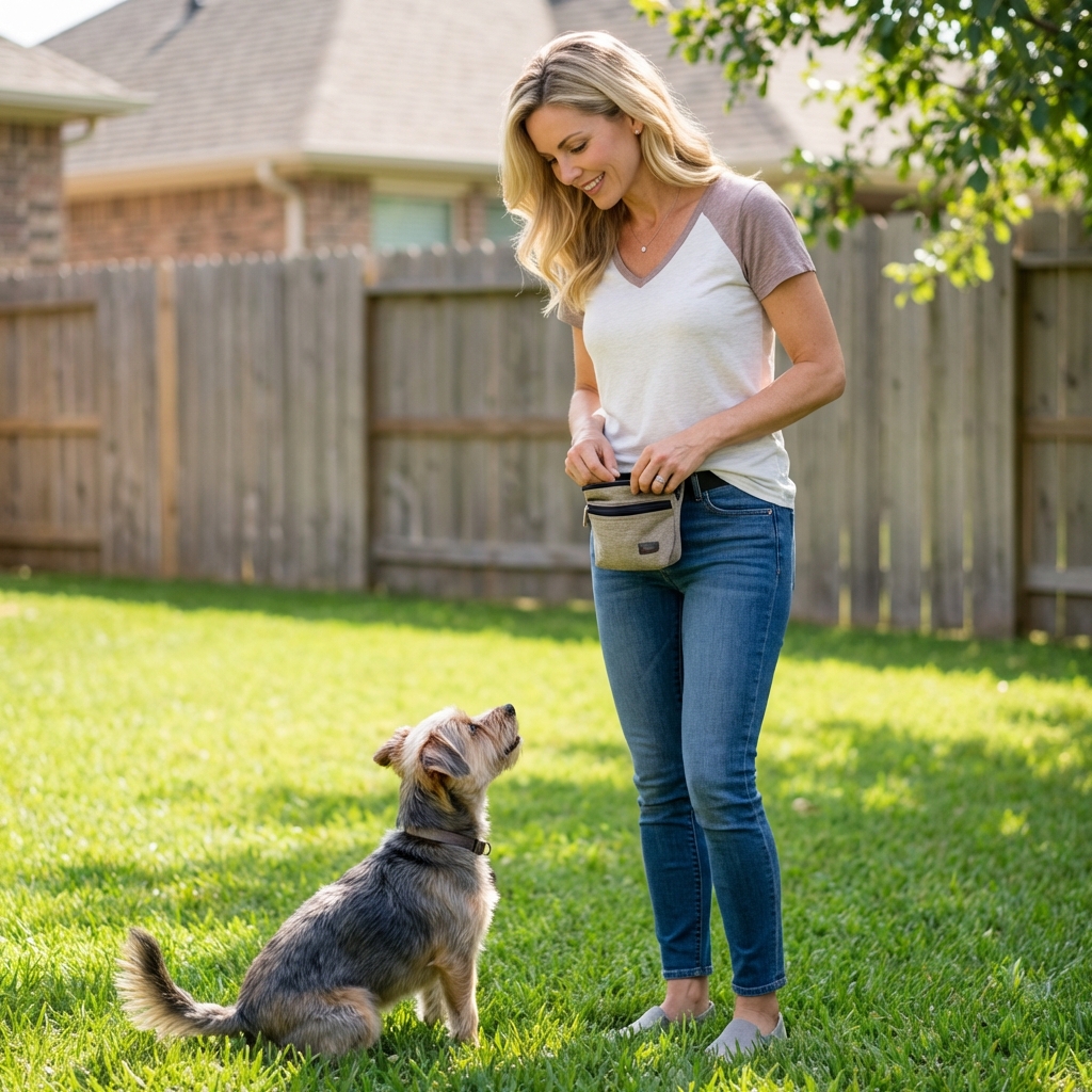 A small female dog in a backyard looking toward her owner who is holding a treat pouch