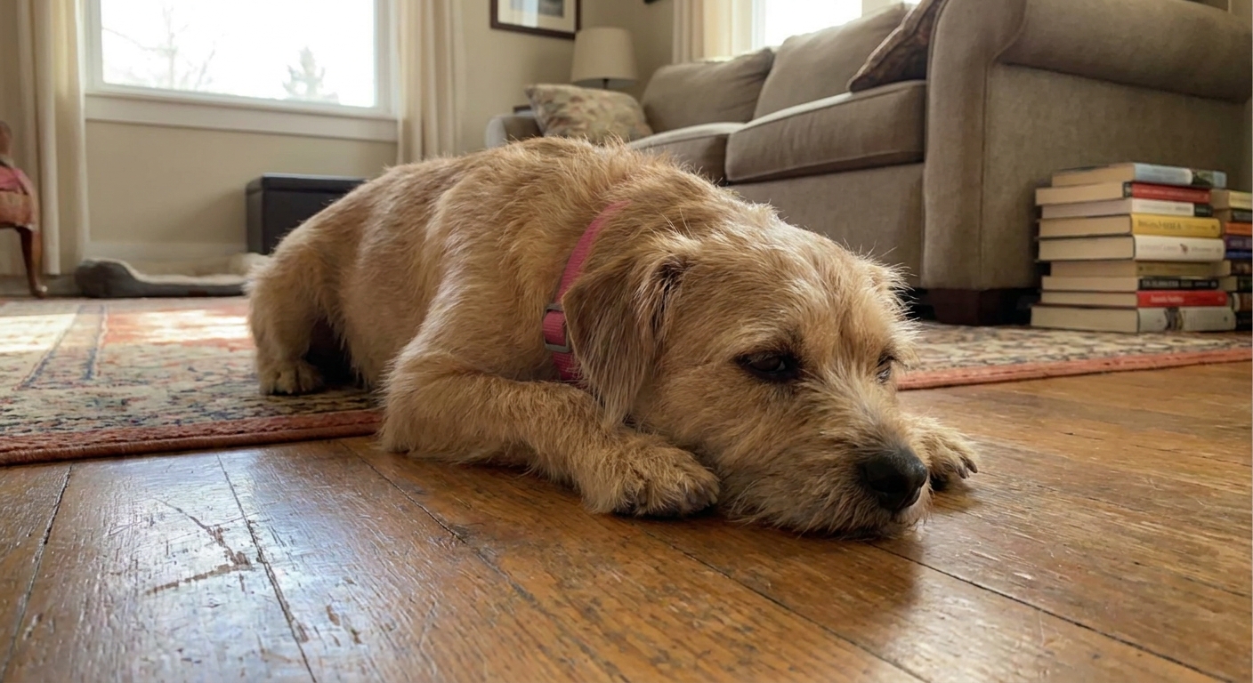 A small female dog lying tired on a living room floor with her head down and eyes half closed