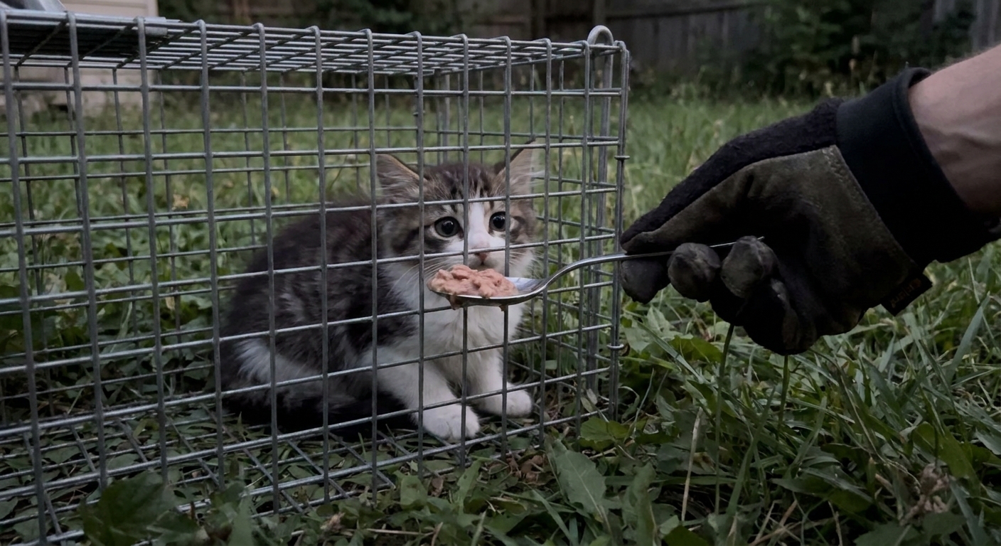 A small feral kitten crouched in a humane trap while a gloved hand offers food on a spoon from outside the bars
