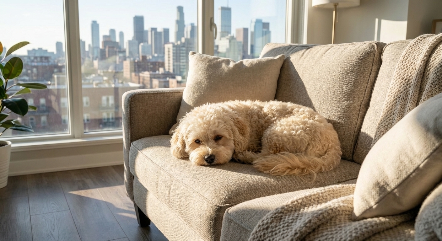 A small fluffy dog resting on a couch in a bright apartment living room with a city window view, photorealistic