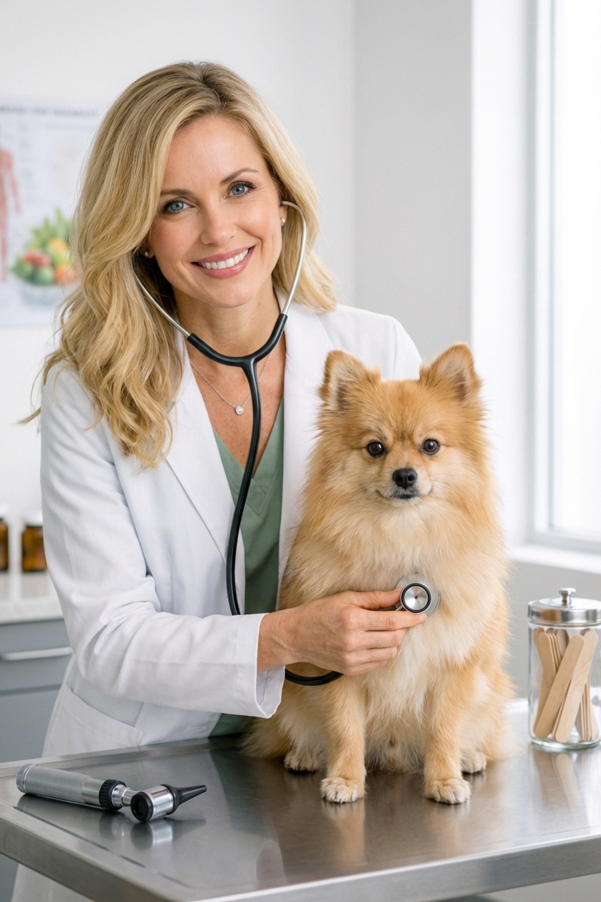 A small fluffy dog sitting calmly in a veterinary exam room while a veterinarian gently listens to its chest with a stethoscope