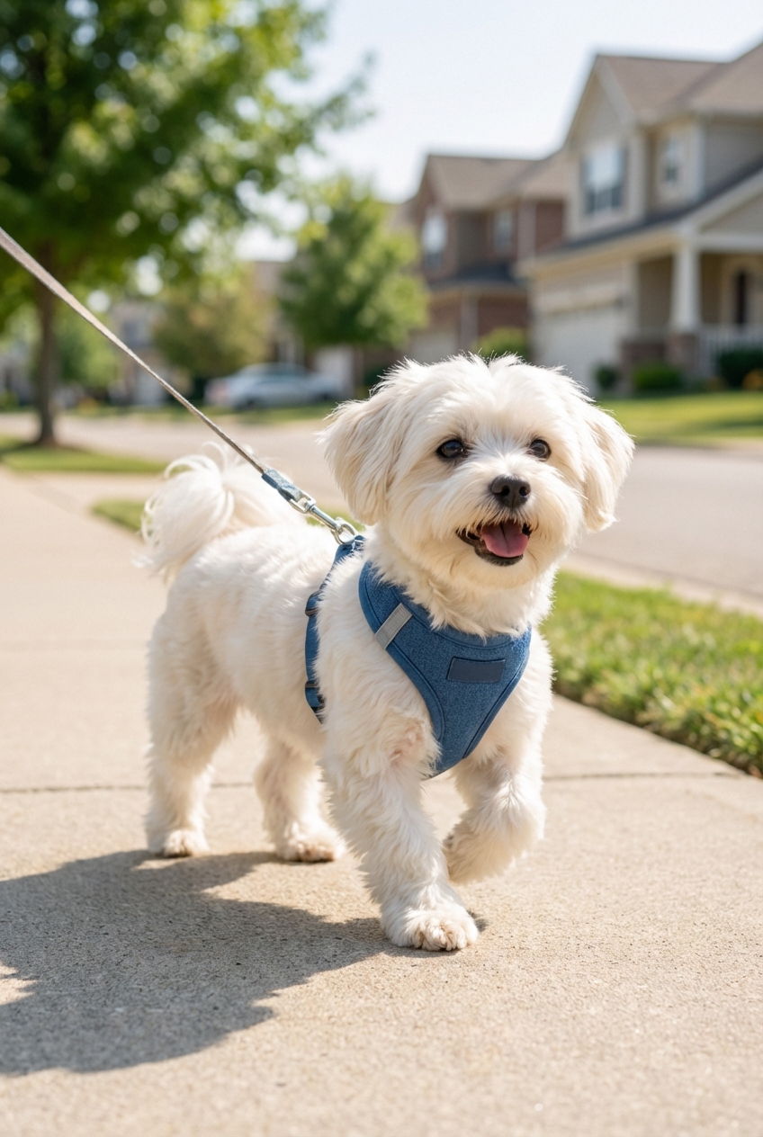 A small fluffy dog wearing a harness while walking on a sidewalk