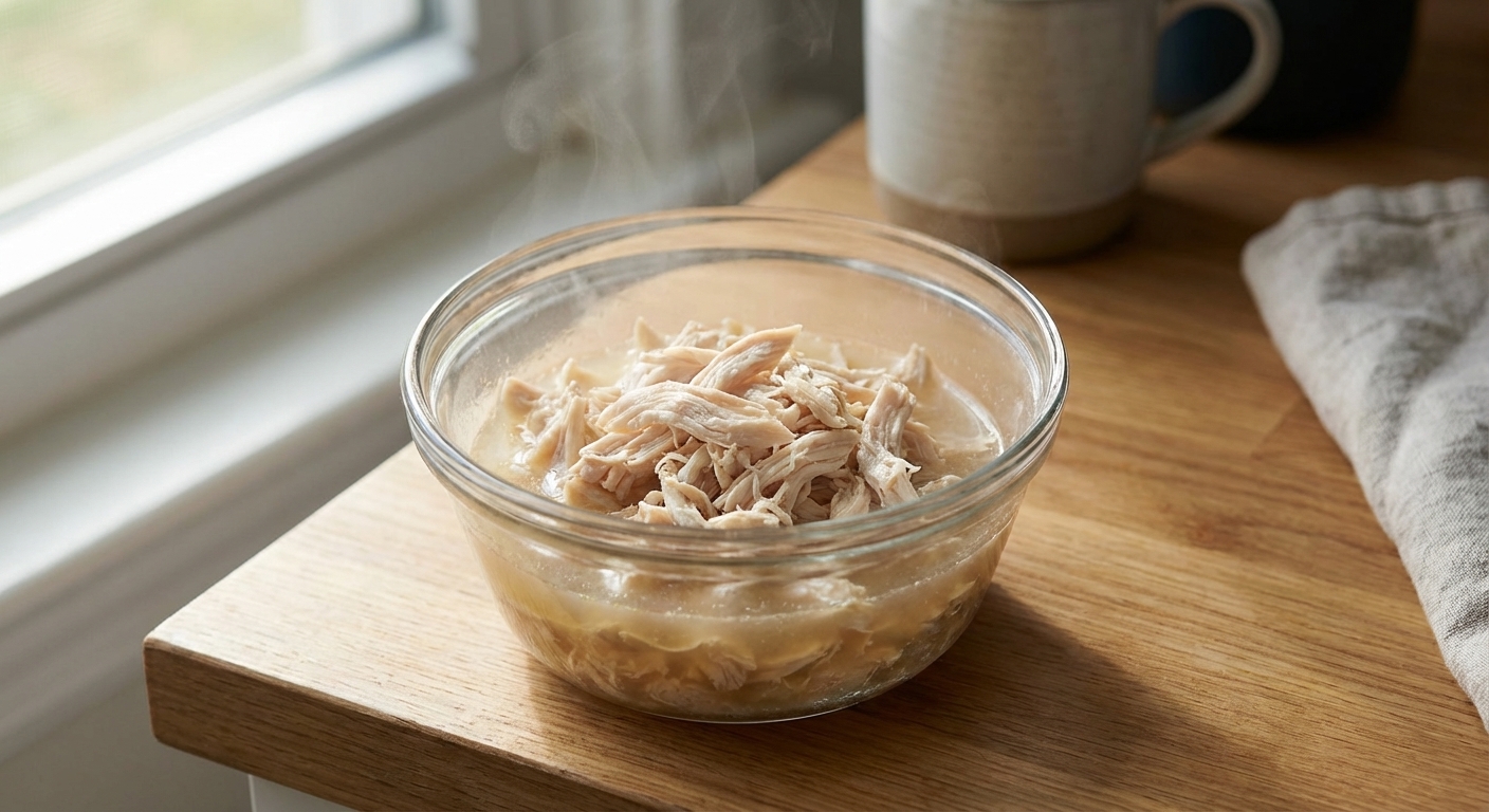A small glass bowl filled with finely shredded cooked chicken and a little warm broth on a kitchen counter, soft natural light, photorealistic