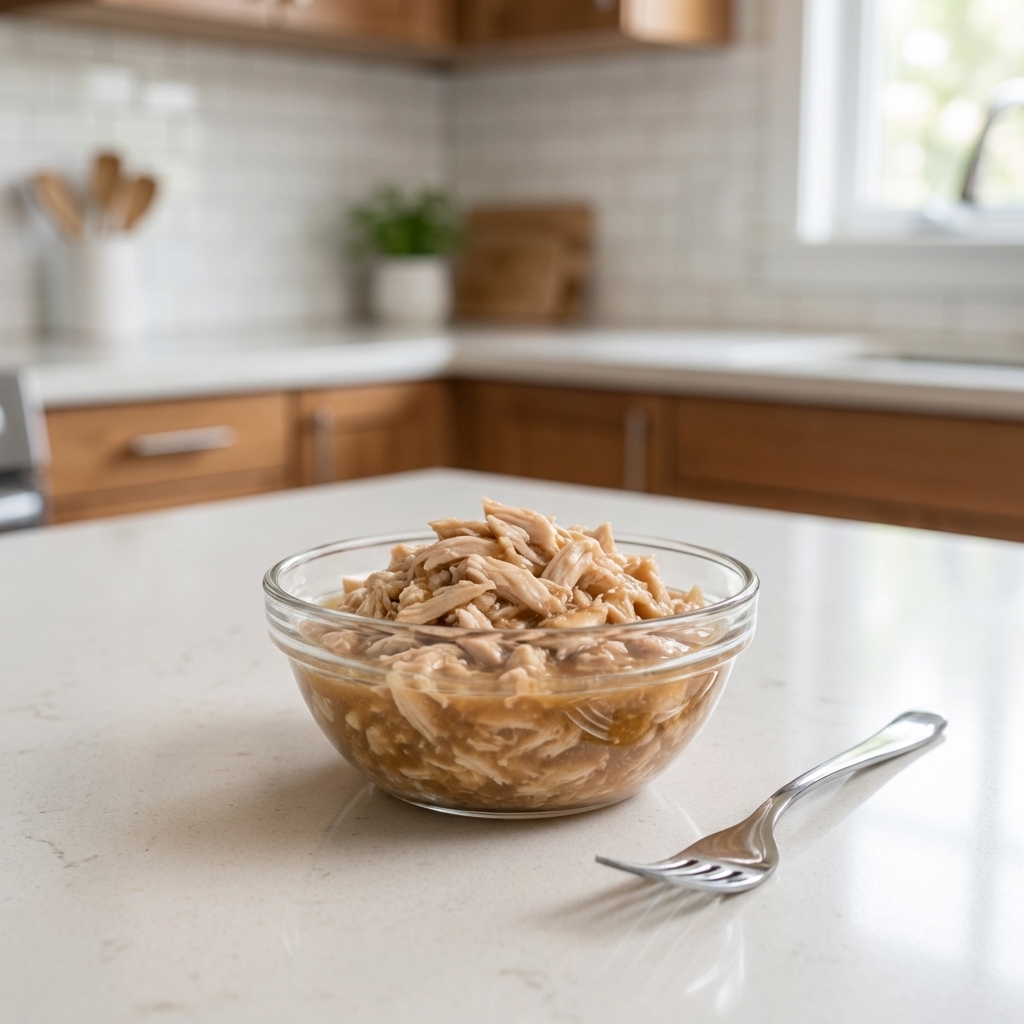 A small glass container of prepared wet cat food portioned into a single serving on a kitchen counter