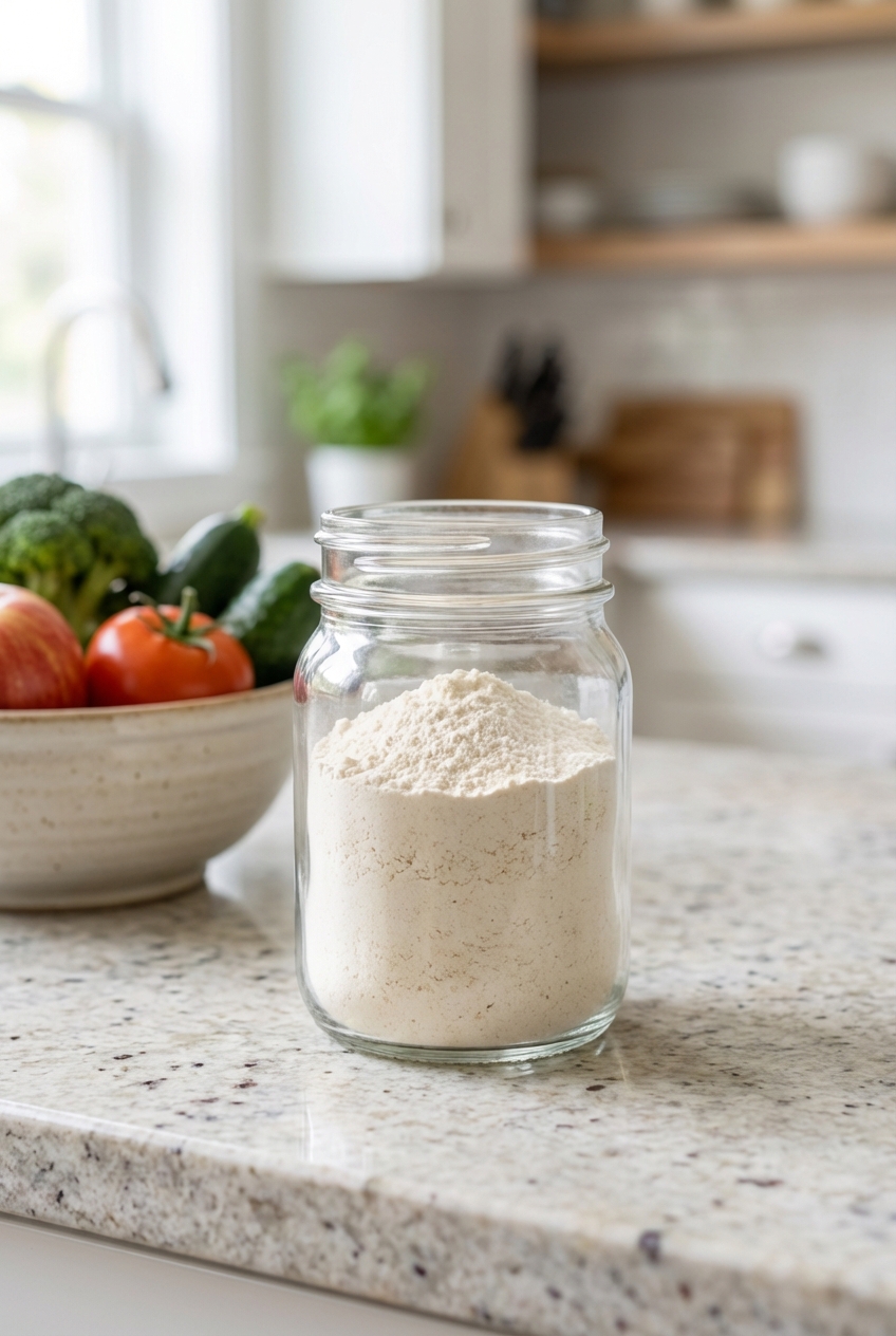 A small glass jar filled with finely ground eggshell powder on a kitchen counter
