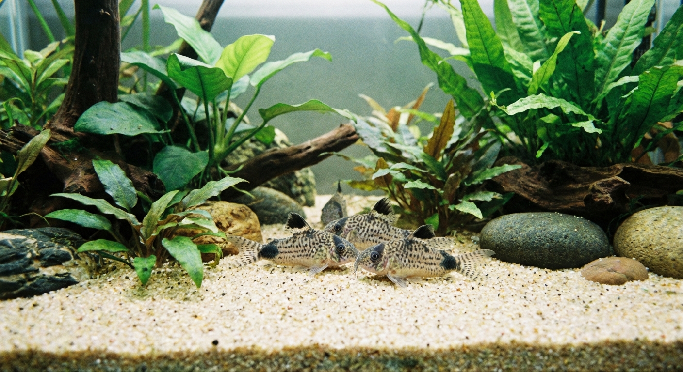 A small group of corydoras catfish resting on sandy substrate in a planted freshwater aquarium