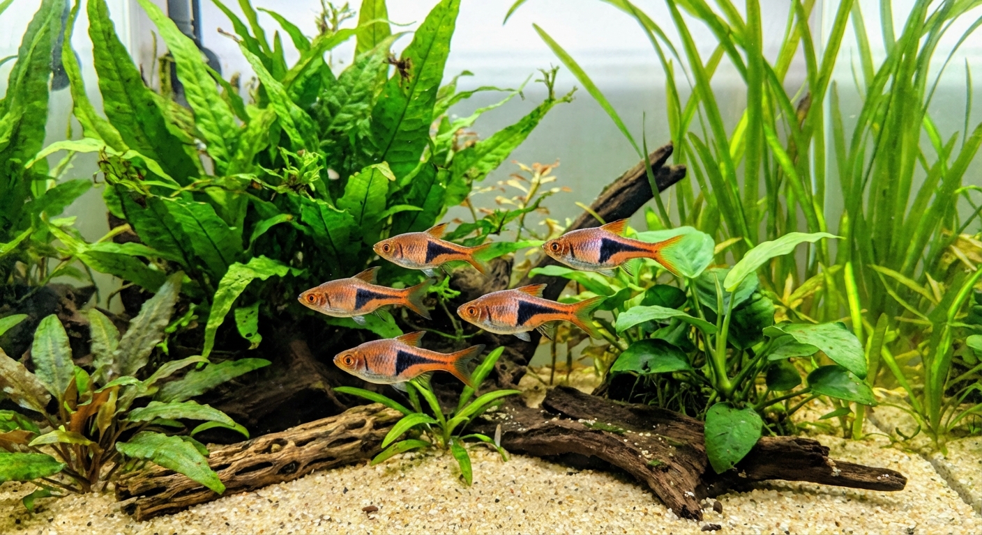 A small group of harlequin rasboras swimming in the middle of a planted aquarium