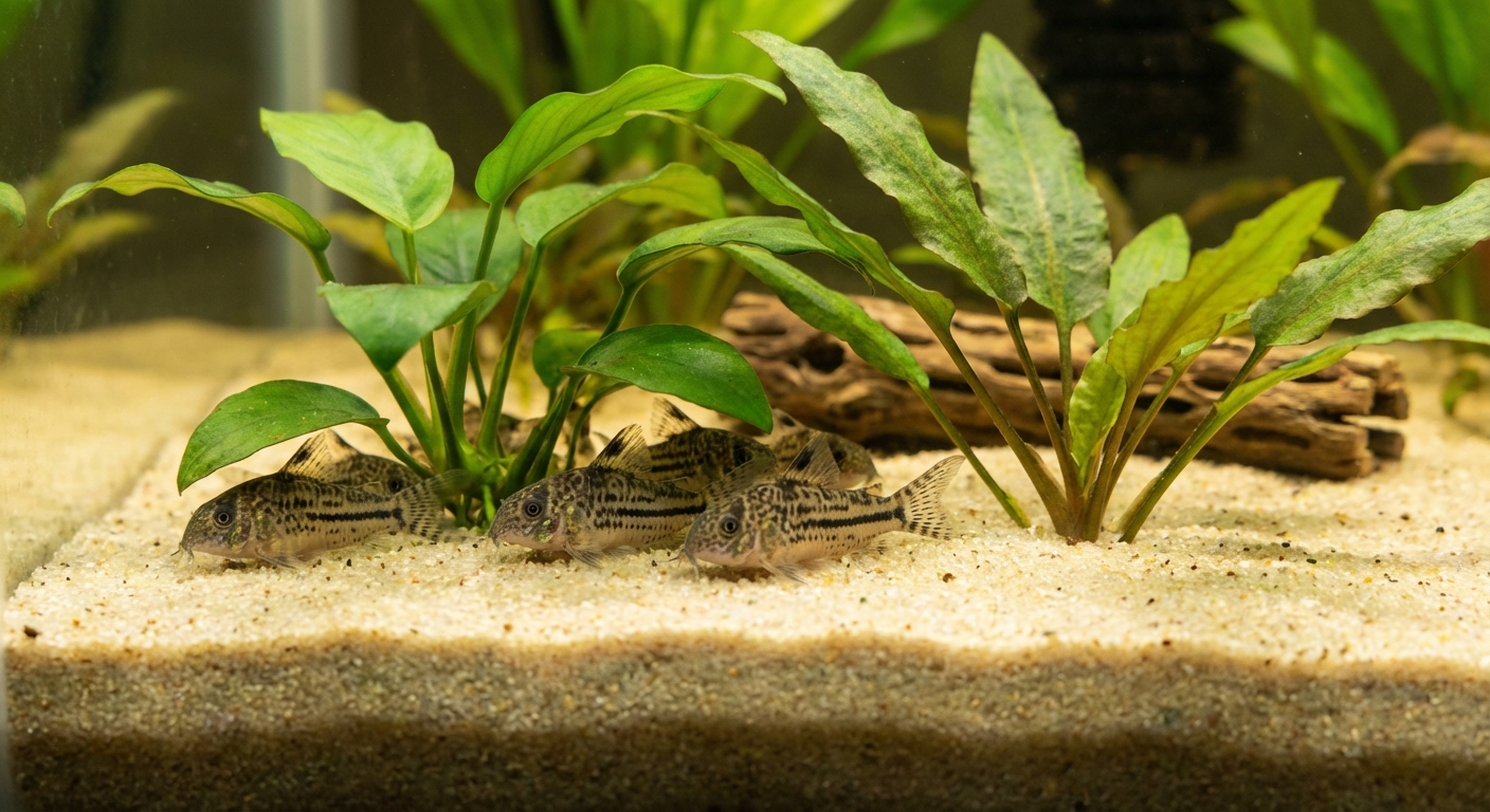 A small group of pygmy corydoras resting on light sand near aquatic plants