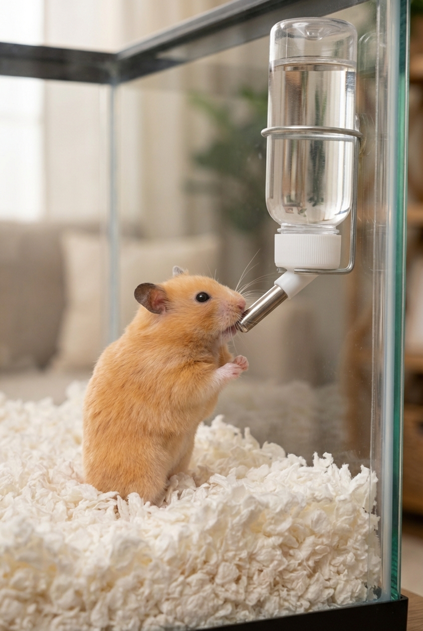 A small hamster drinking from a clear water bottle attached to the side of a glass enclosure with paper bedding