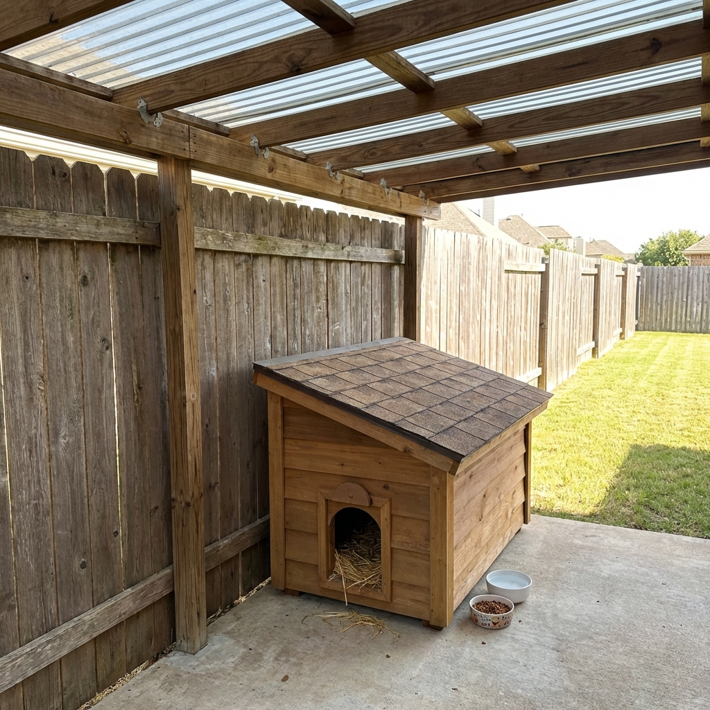 A small insulated outdoor cat shelter tucked against a fence under a covered patio