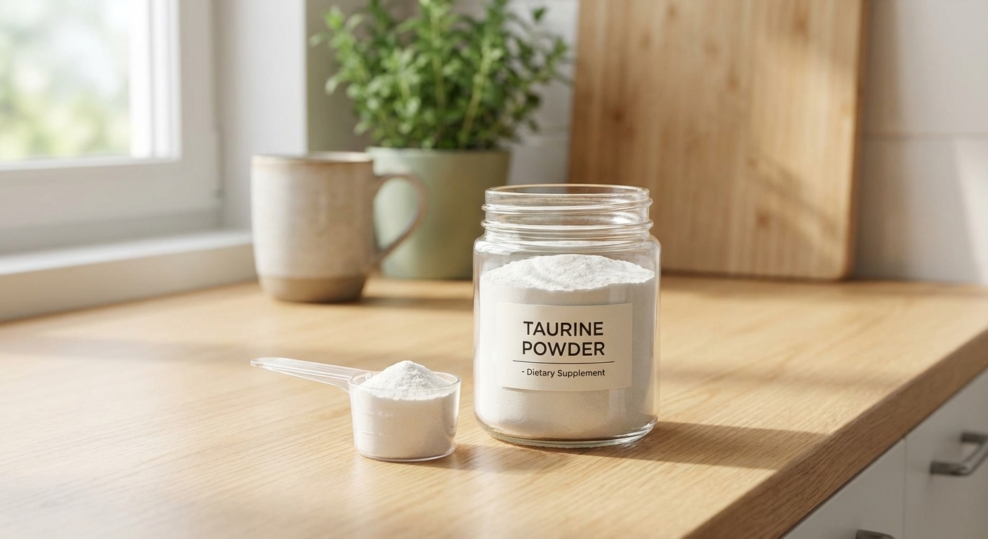 A small jar of taurine powder supplement with a measuring scoop beside it on a kitchen counter, soft natural light, photorealistic