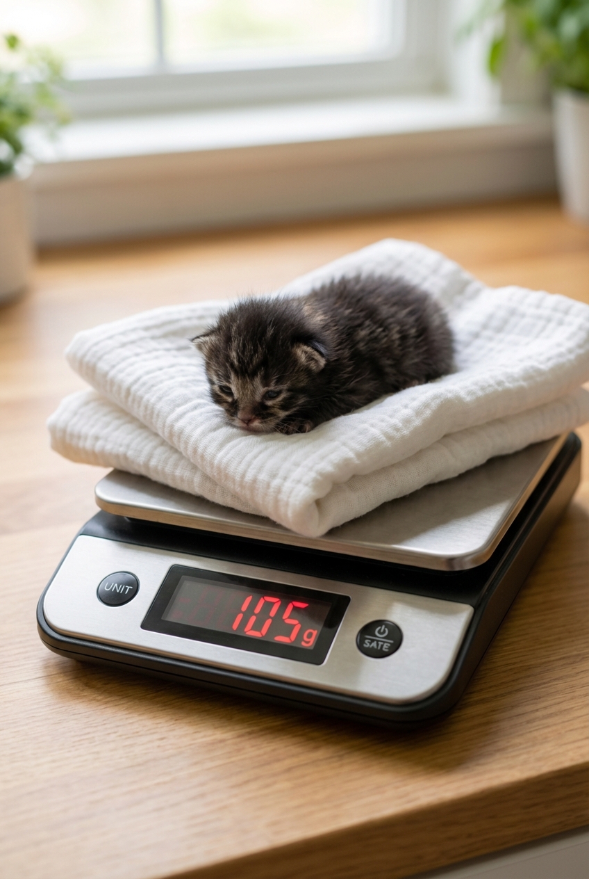 A small kitchen scale displaying grams with a newborn kitten sitting on a soft cloth on top of the scale