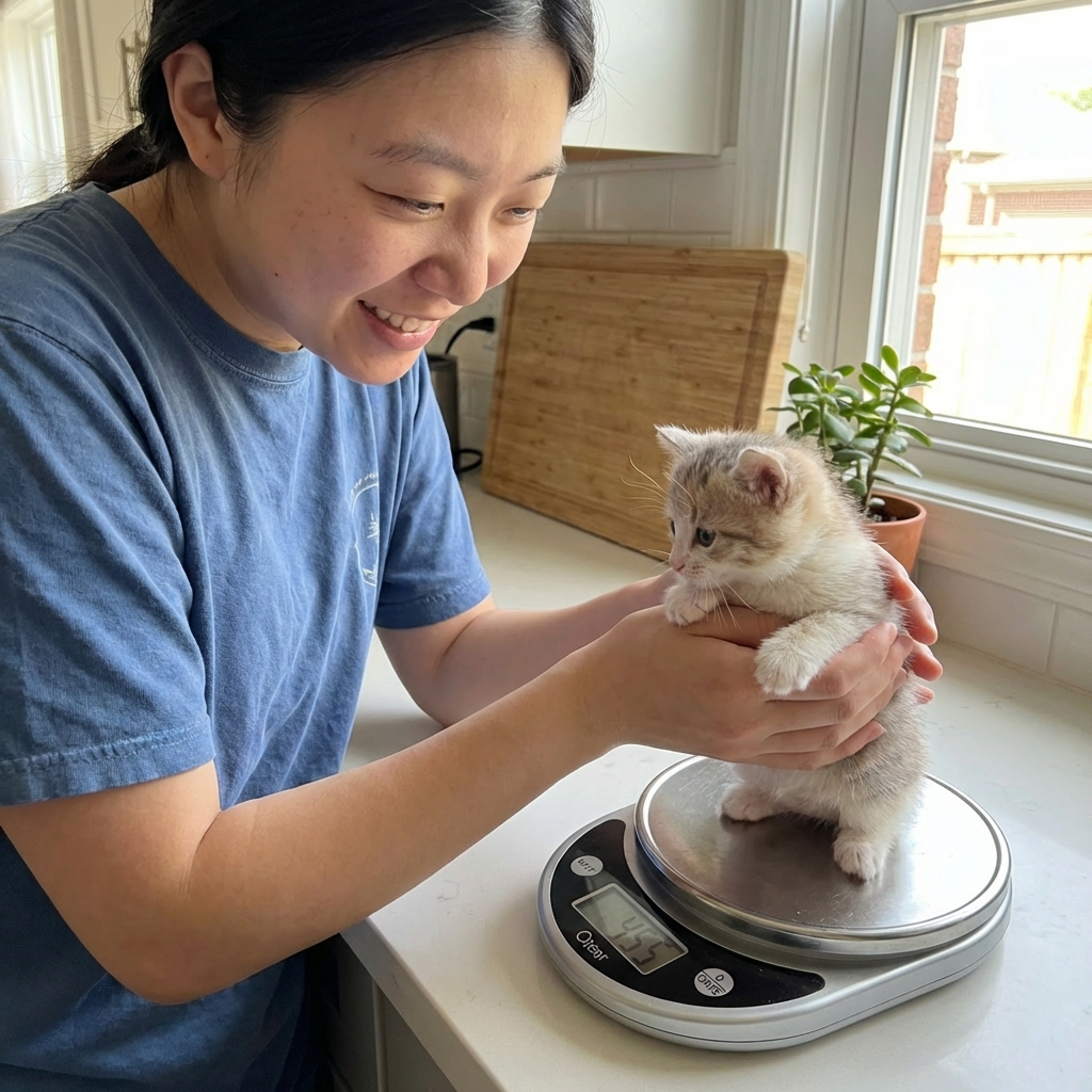 A small kitchen scale with a fluffy 4-week-old kitten being weighed by a caregiver