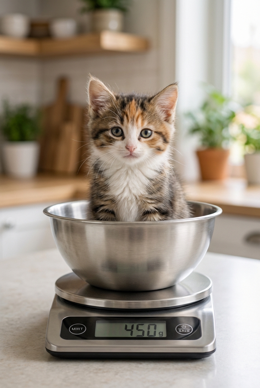A small kitchen scale with a kitten sitting in a bowl being weighed