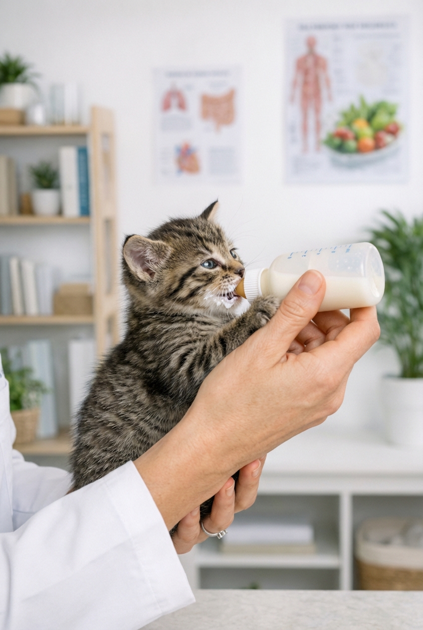 A small kitten drinking from a bottle held by a person