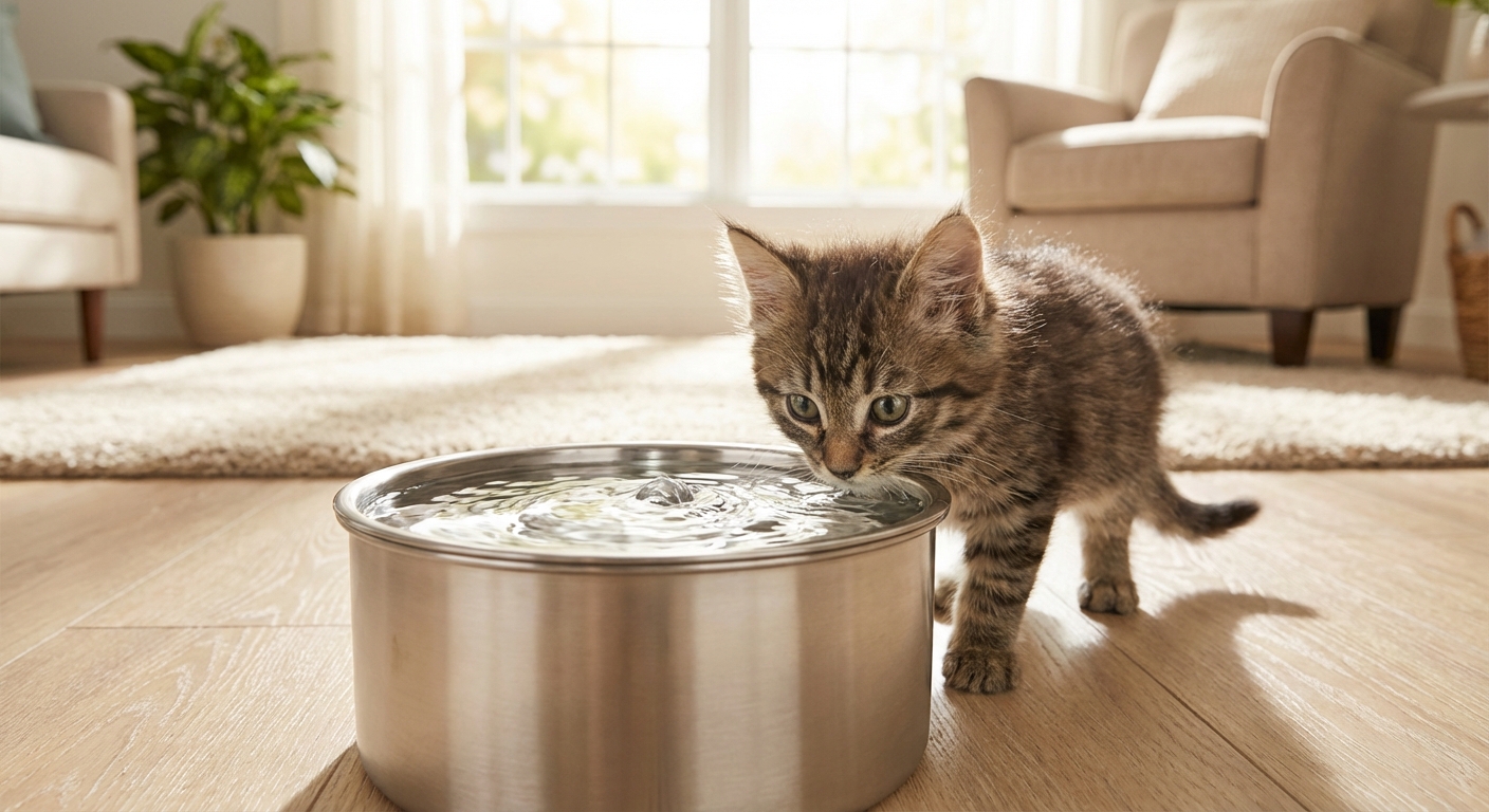 A small kitten sniffing a stainless steel pet water fountain in a bright living room