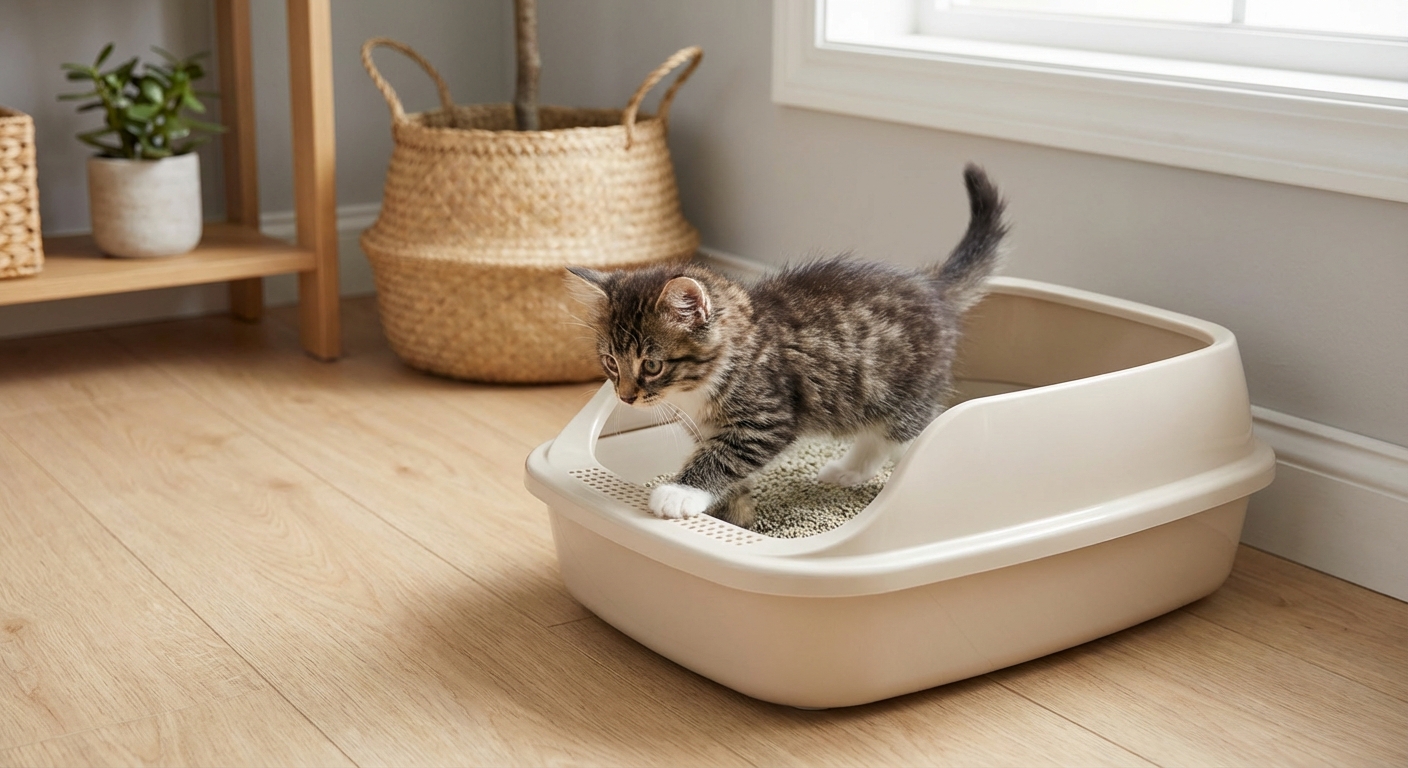A small kitten stepping into a clean low-entry litter box in a quiet corner of a home