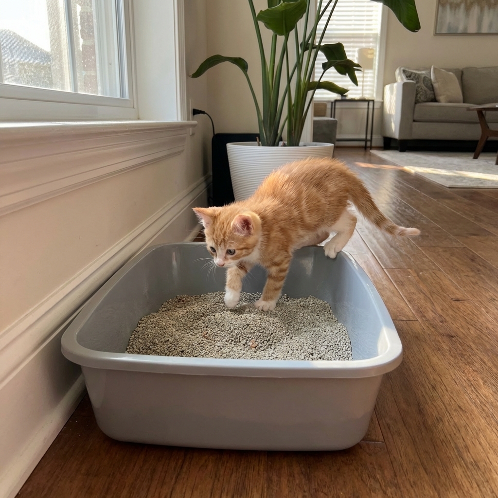 A small kitten stepping into a clean, low-sided litter box in a quiet corner of a home
