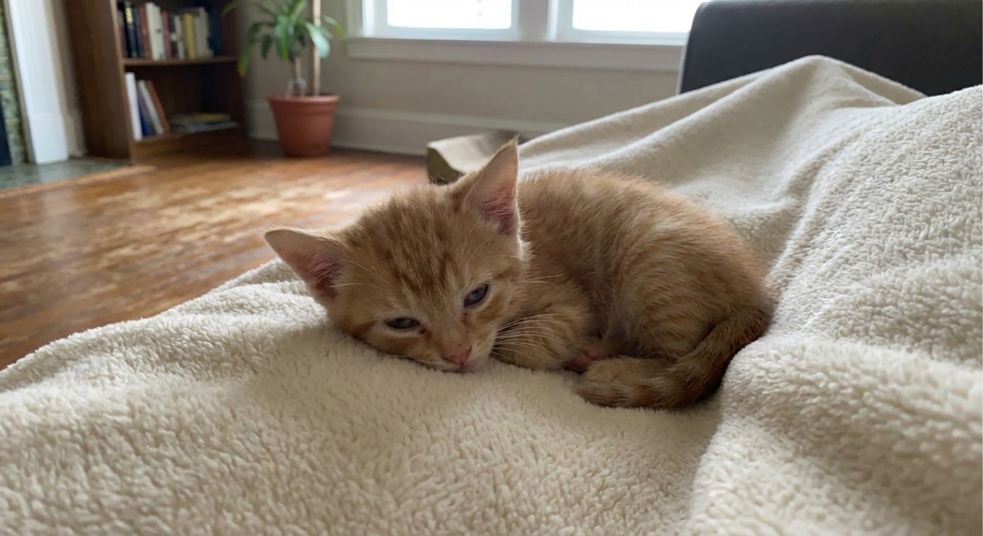 A small lethargic kitten lying on a soft blanket with half-closed eyes in a quiet indoor room, realistic photography