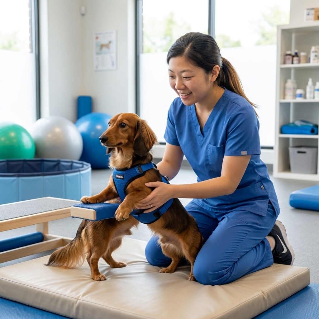 A small long-backed dog in a veterinary rehabilitation clinic wearing a supportive harness while a technician gently assists the dog to stand, realistic photography