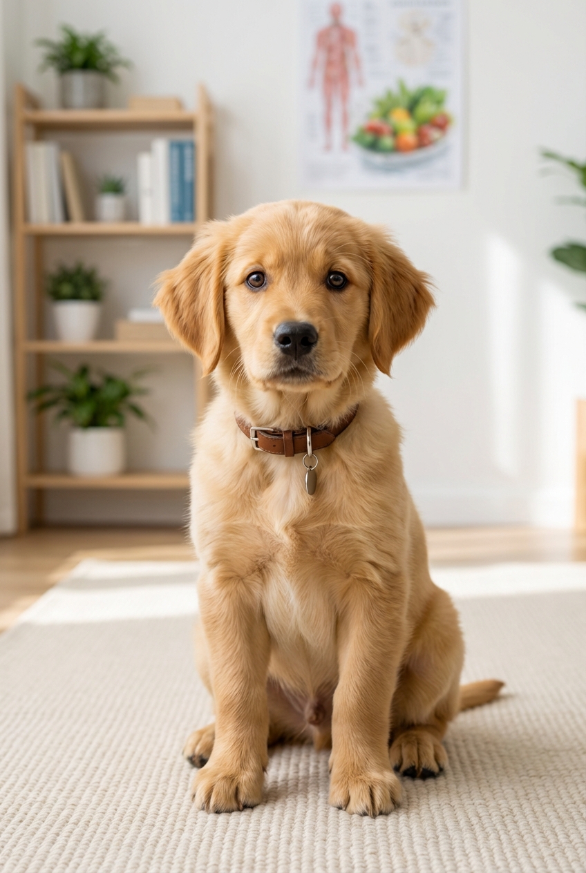 A small male puppy wearing a simple collar sitting indoors on a clean rug while looking alert
