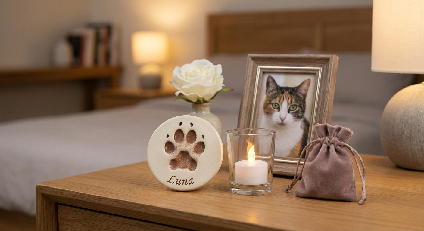 A small memorial setup with a cat paw print keepsake next to a candle on a bedside table