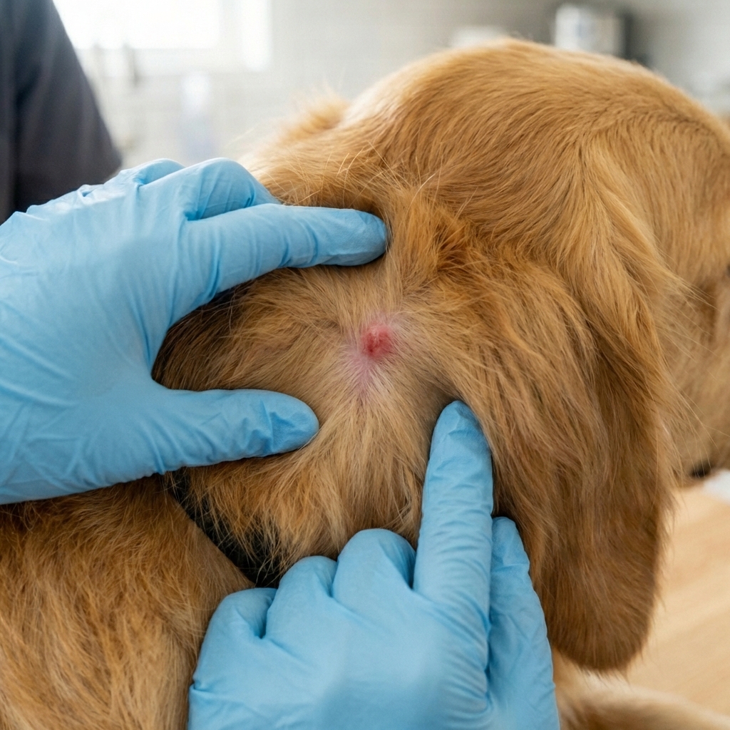 A small, mildly red tick bite spot on a dog's skin with fur parted, photographed in natural light
