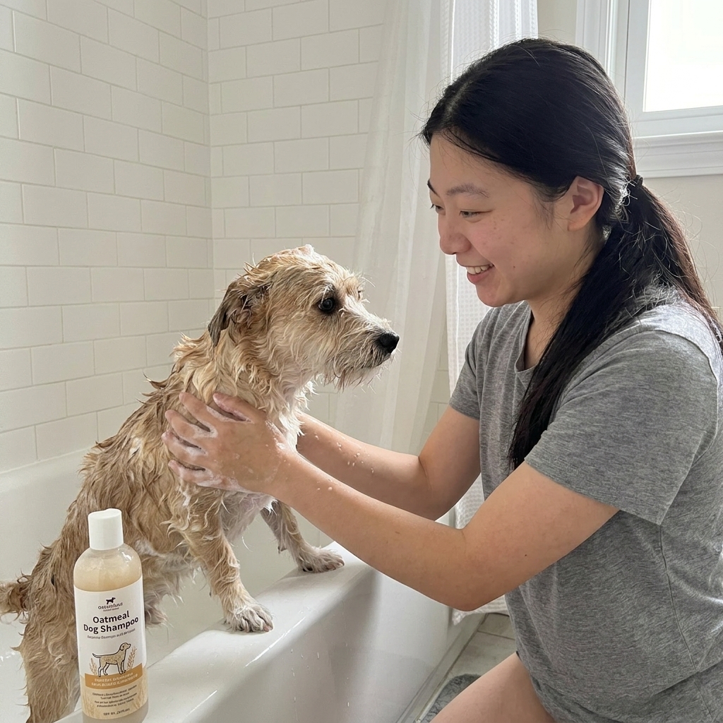 A small mixed-breed dog being gently bathed in a home bathtub with pet shampoo, water droplets on fur, real photo