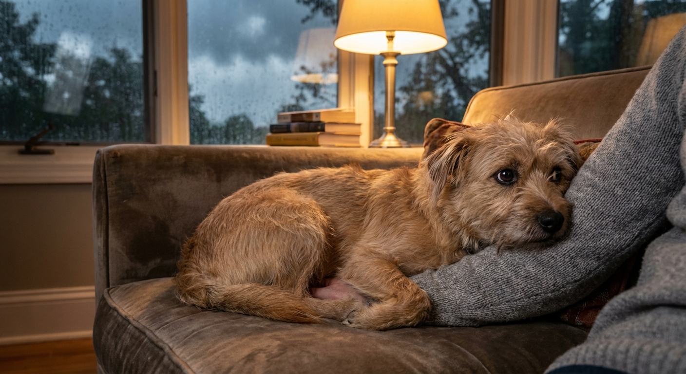 A small mixed-breed dog curled up on a couch next to a person during a rainy thunderstorm, the dog looking nervous but comforted, soft indoor light, photorealistic