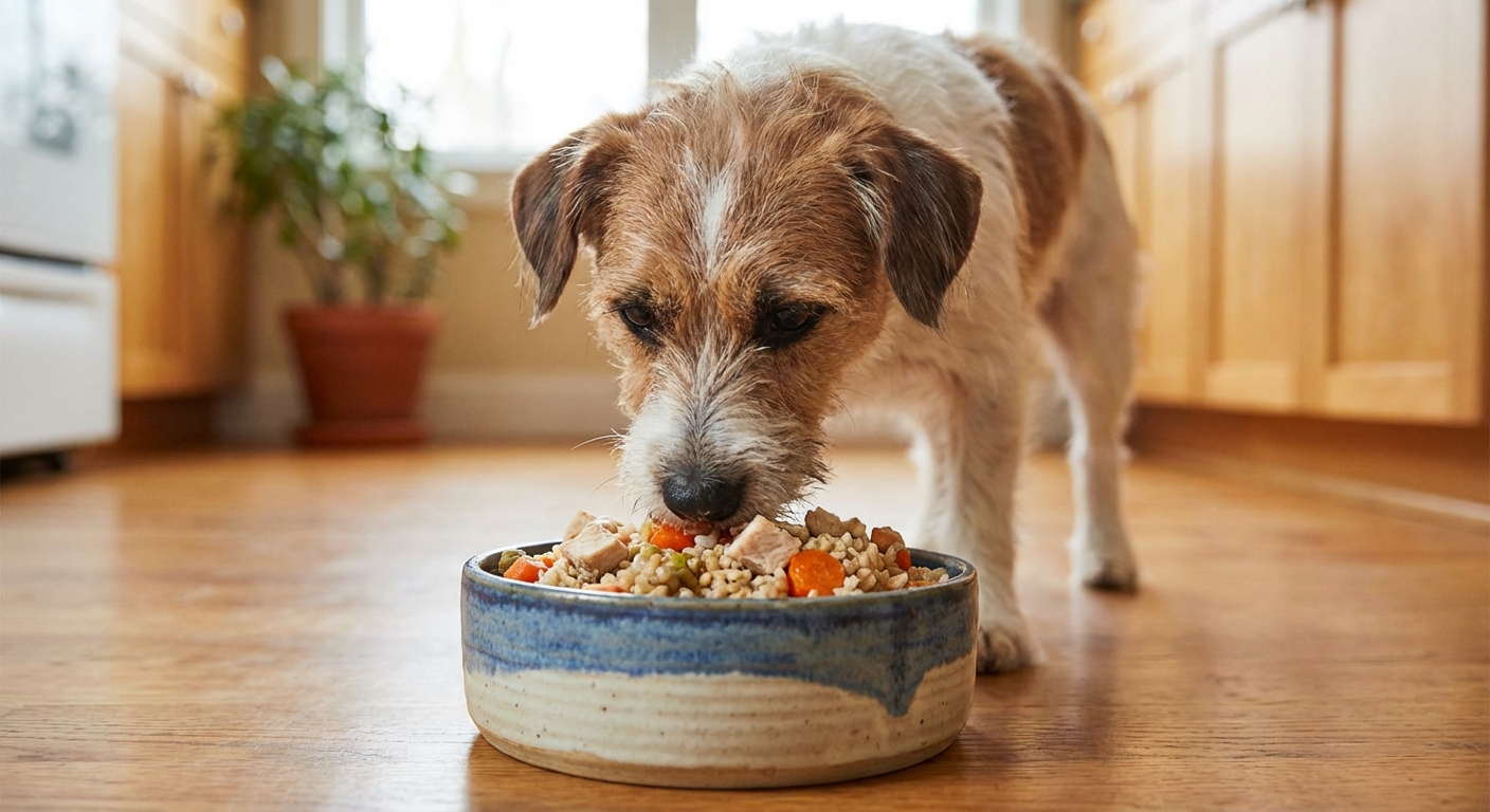 A small mixed-breed dog eating a moist homemade meal from a ceramic bowl