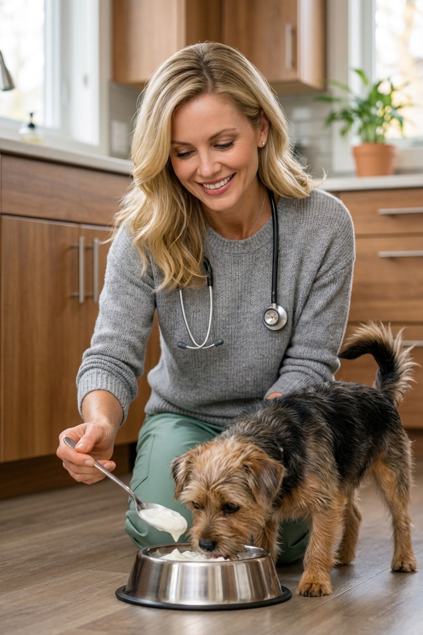 A small mixed-breed dog eating from a bowl while a spoonful of plain yogurt is added