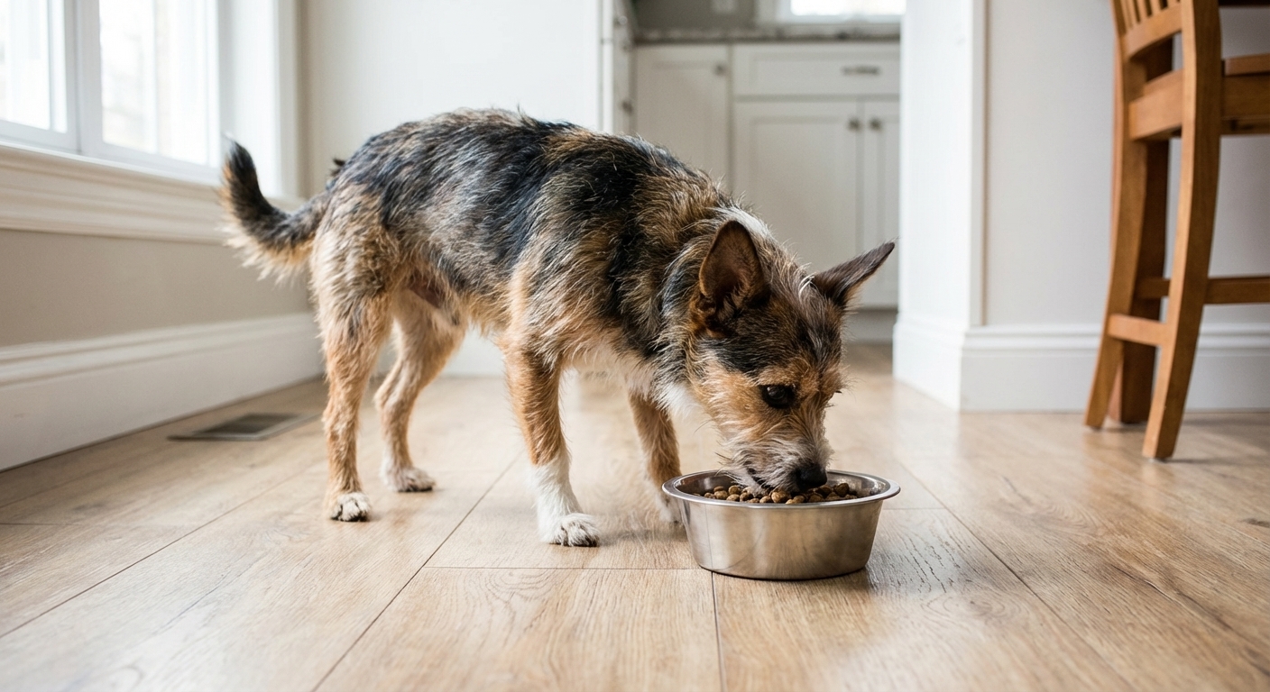 A small mixed breed dog eating from a stainless steel bowl on a kitchen floor, natural light, real-life photography