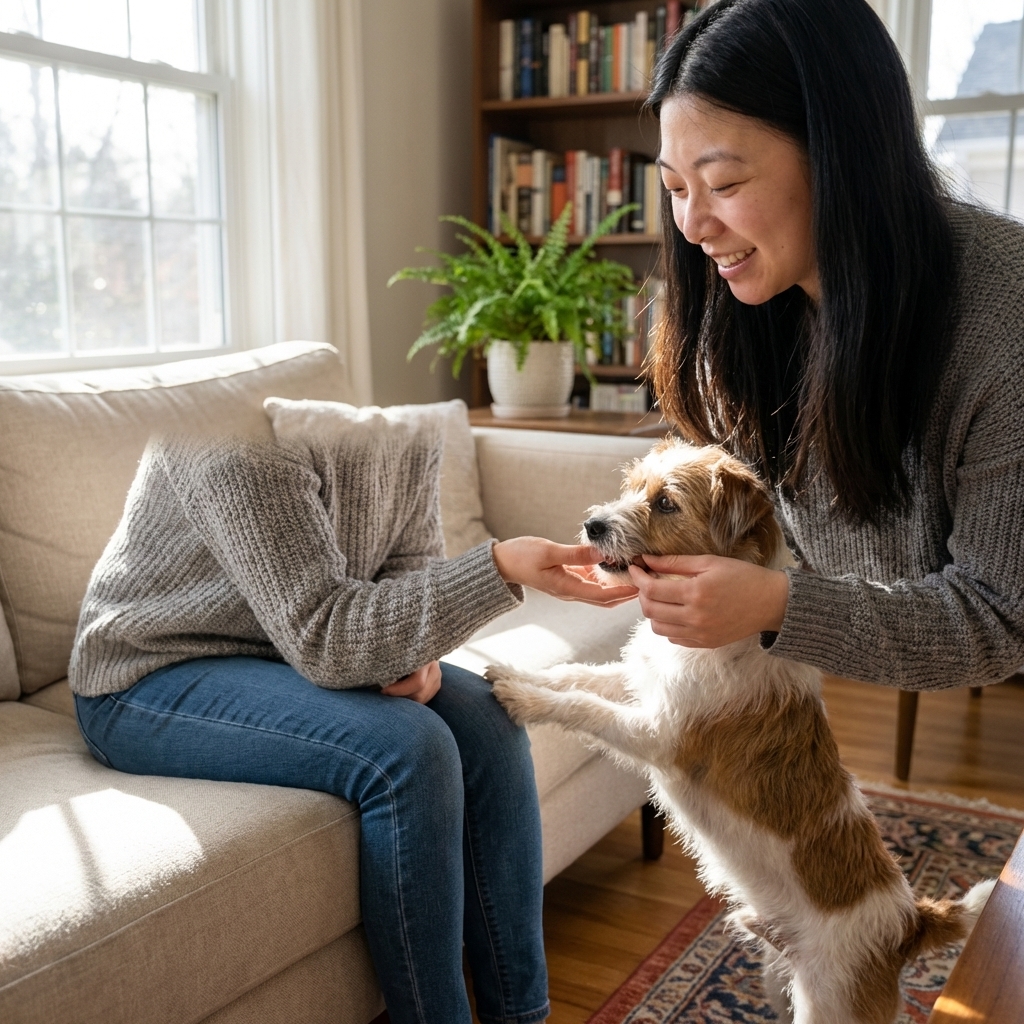 A small mixed-breed dog gently taking a pill-hidden treat from an owner's hand in a bright living room with natural light