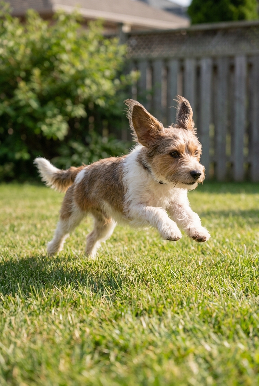 A small mixed-breed dog mid-zoomies on a grassy lawn with ears bouncing