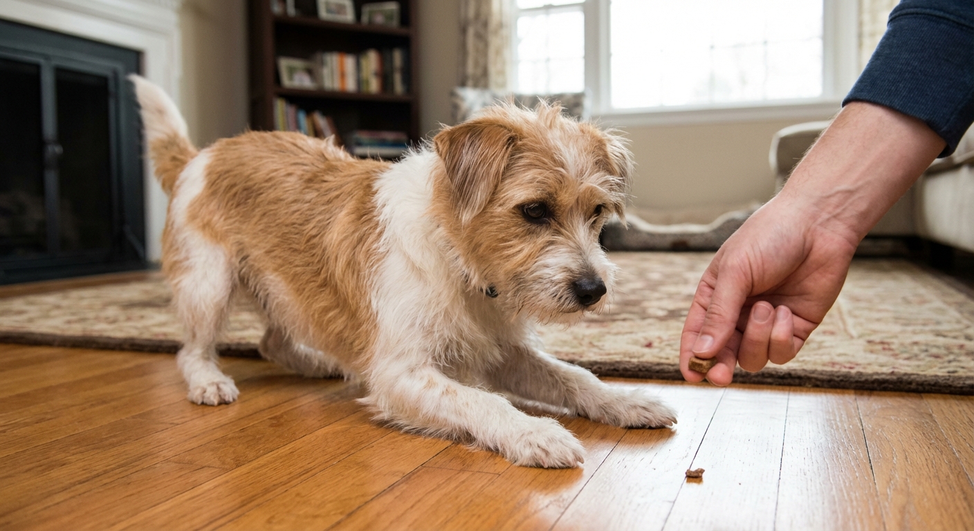A small mixed-breed dog moving from a sit into a down while following a treat held close to the floor