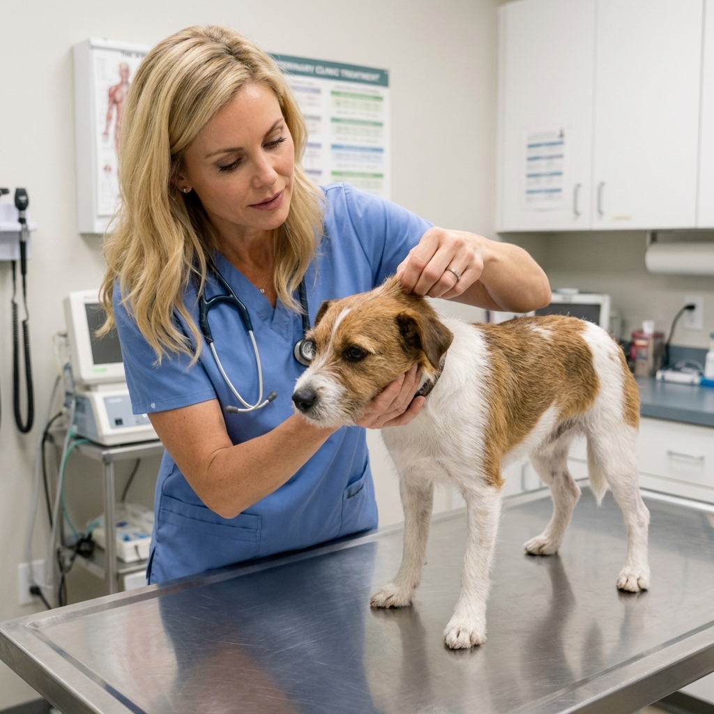 A small mixed-breed dog on a stainless steel veterinary exam table while a veterinarian gently checks hydration by lifting the skin at the scruff, real clinic photo