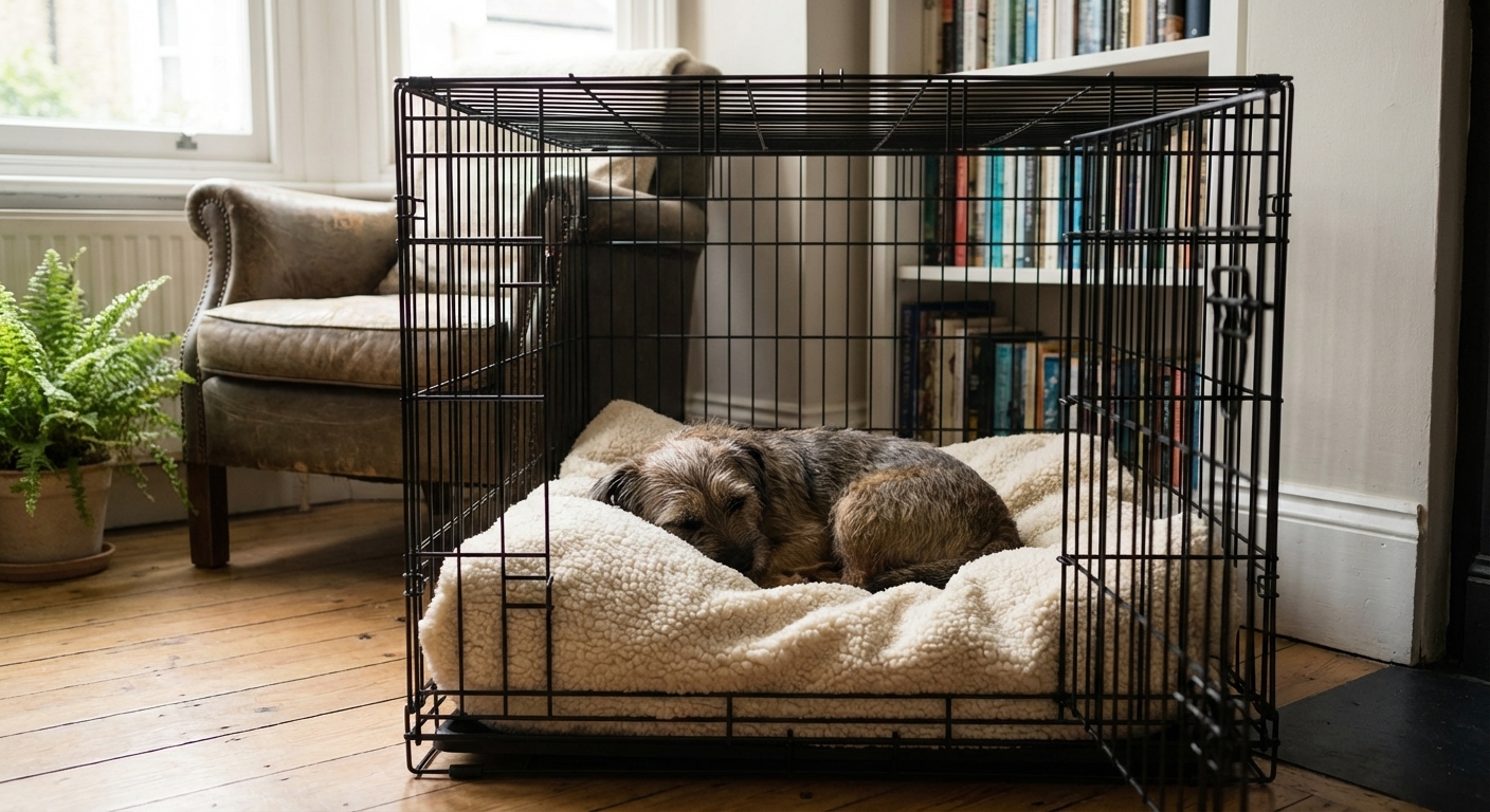 A small mixed-breed dog resting calmly on soft bedding inside a wire crate in a quiet living room, realistic photography style